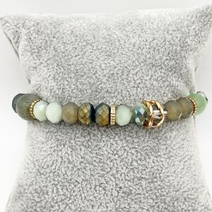 Handmade Green Gold Tone Round Faceted Bead Stretch Fashion Bracelet 6.5”